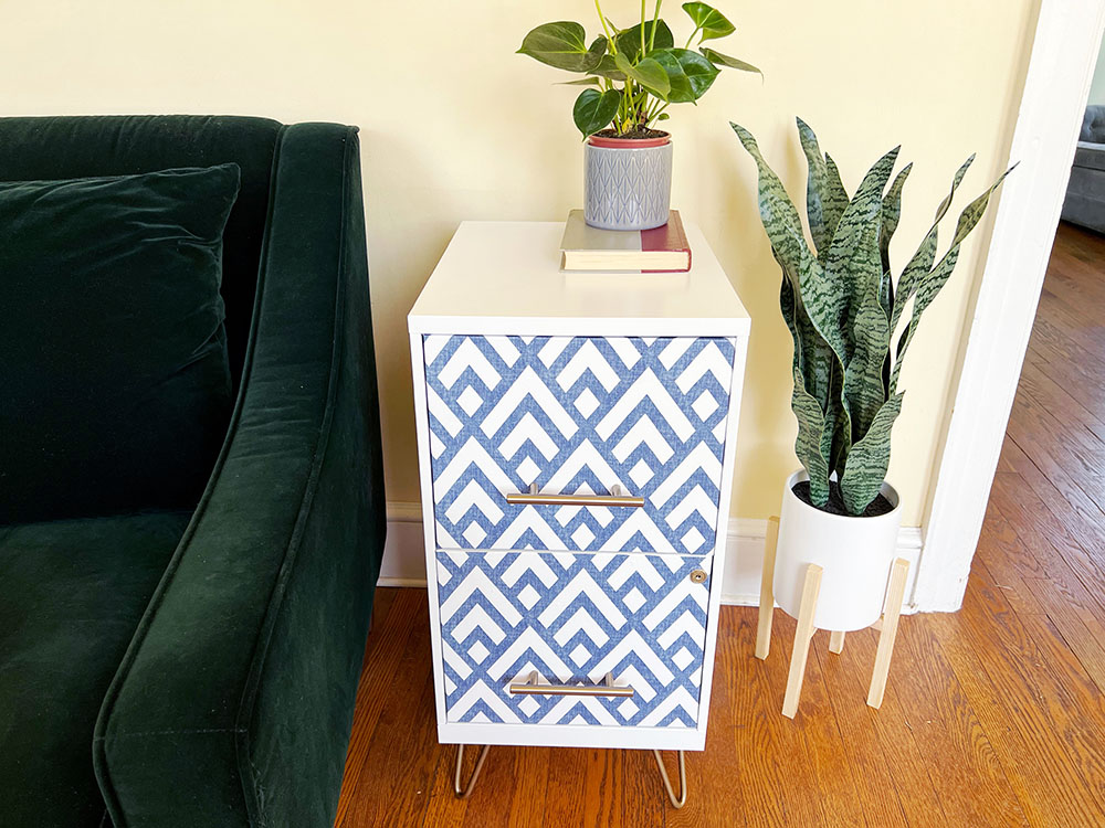 Picture of cabinet with plant on top.